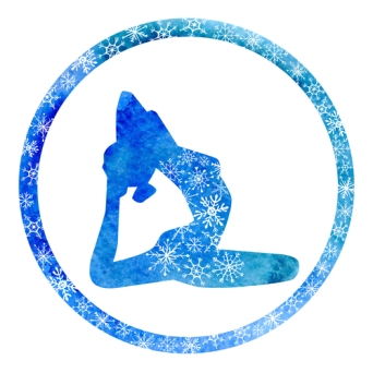 Vector silhouette of yoga woman in circle frame with bright blue watercolor texture and snowy ornament. Winter colors and snowflakes decoration.